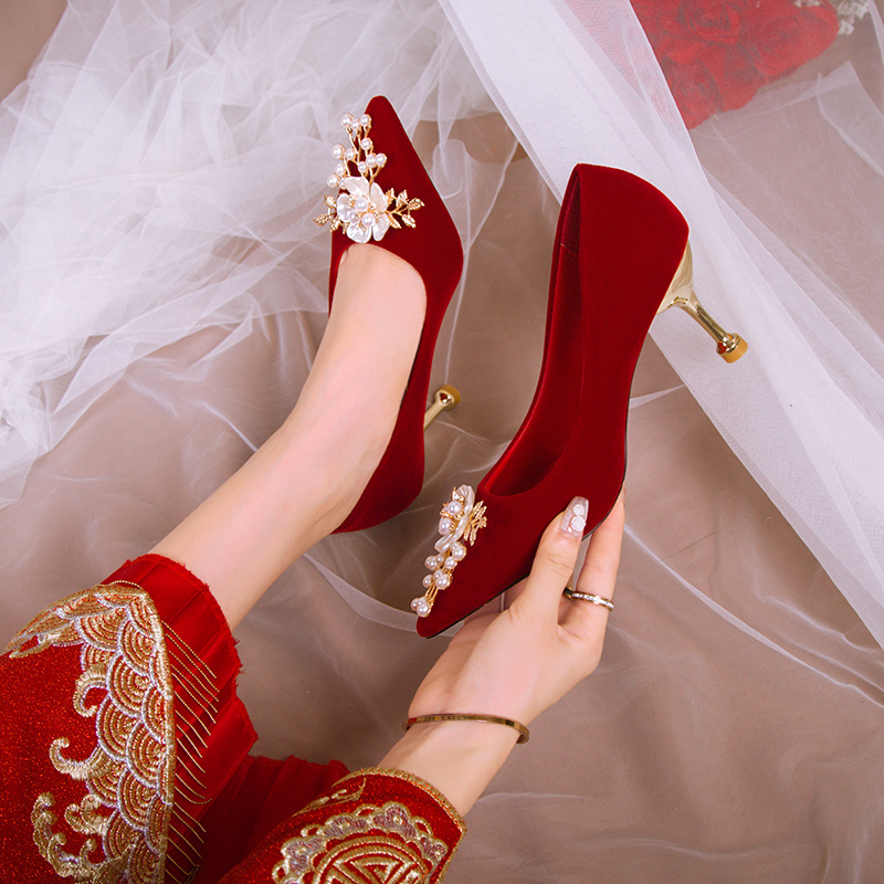 秀禾服婚鞋新娘鞋2022年新款法式红色高跟鞋结婚两穿不累脚结婚鞋
