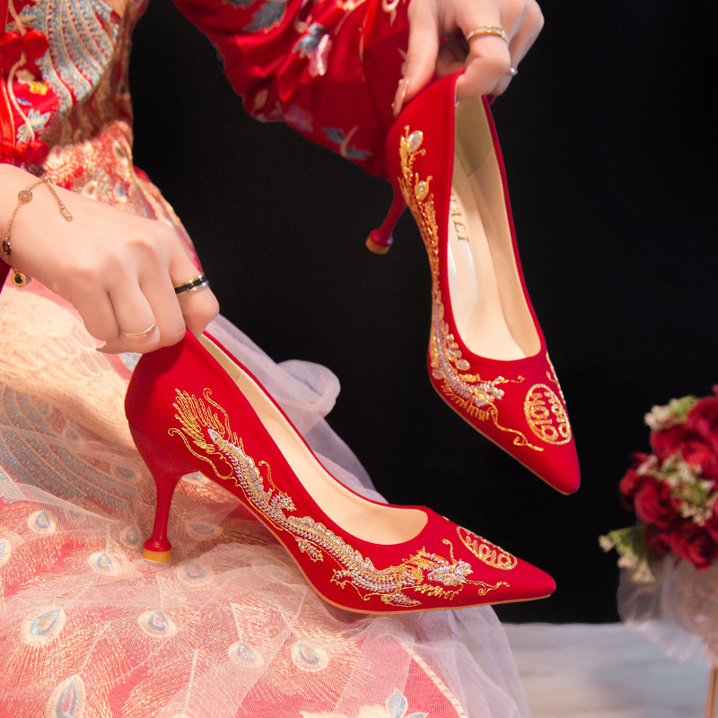 红色婚鞋女细跟 2024年新款中式秀禾服新娘结婚高跟鞋不累脚孕妇