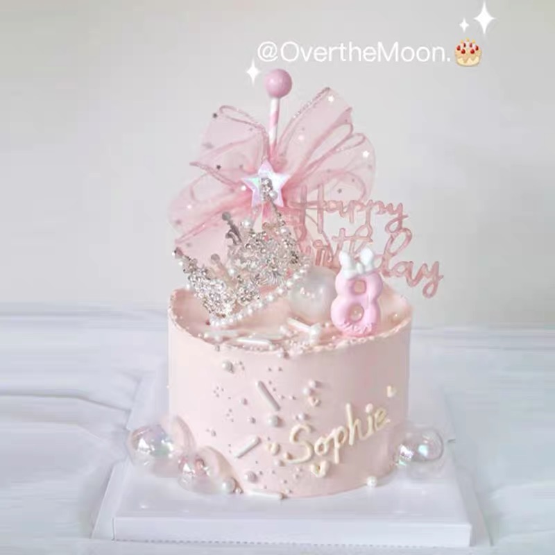 甜美公主风小仙女女孩生日蛋糕粉色蝴蝶结皇冠摆件透明球装饰插件