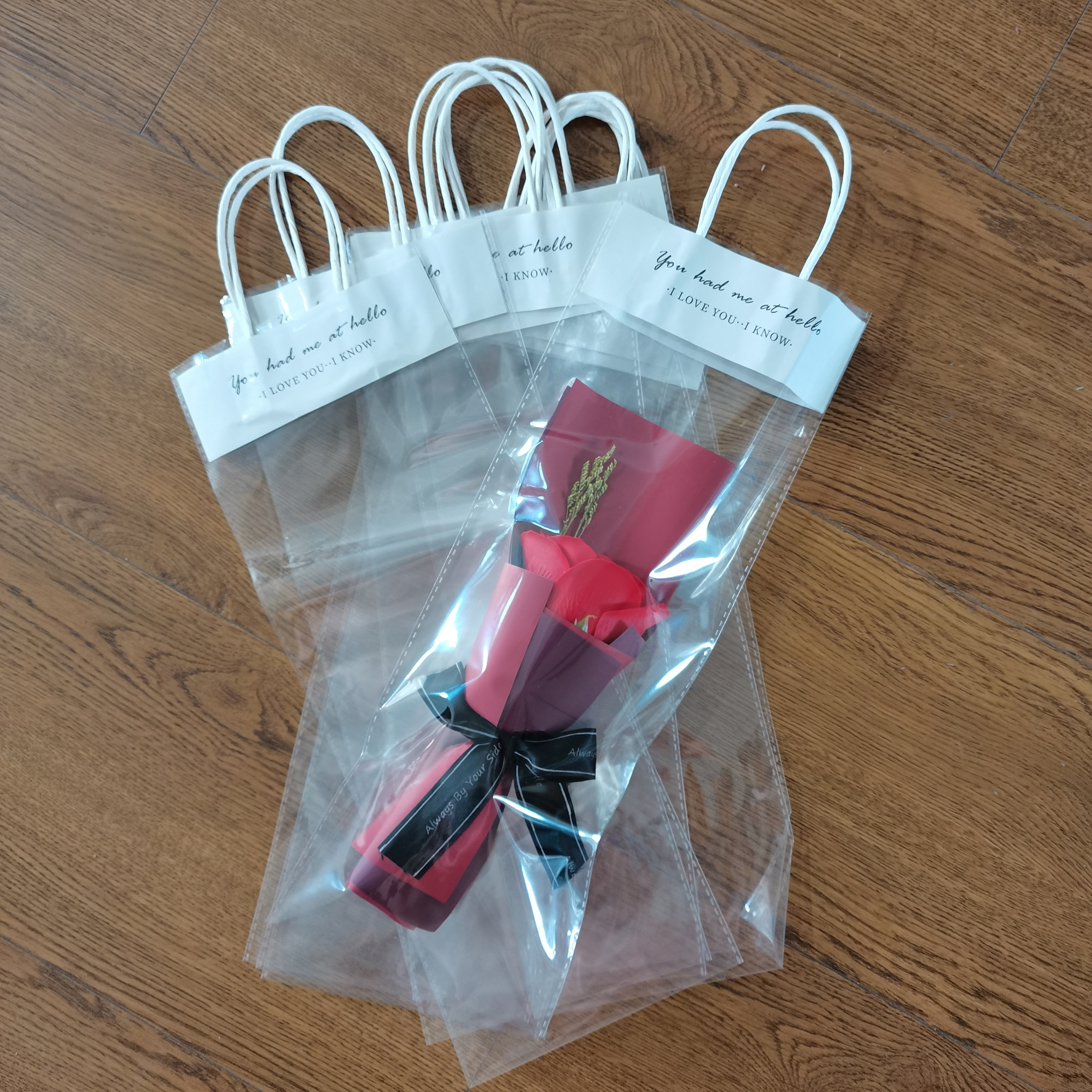 透明鲜花手提袋教师节玫瑰永生花束包装袋网红礼品袋单支玫瑰花盒