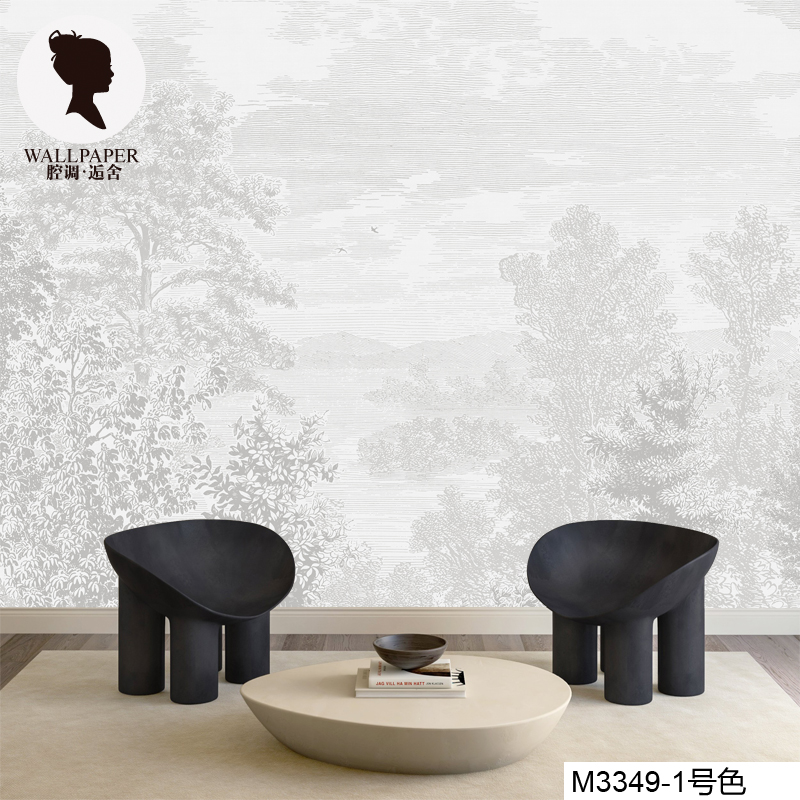 腔调壁画优雅的蚀刻风景柔和的中性灰色客厅餐厅墙布墙纸M3349