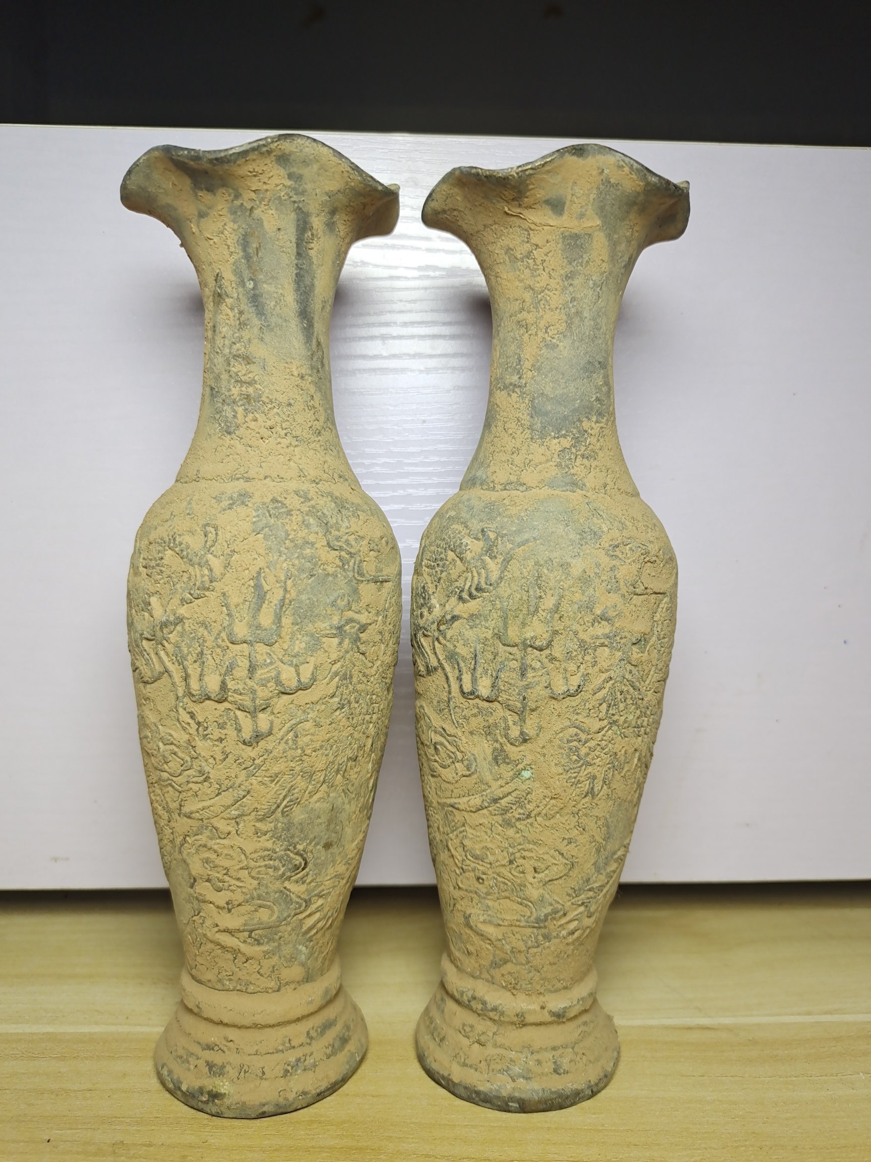 古玩古董收藏品出土清代龙凤花瓶铜花瓶一对青铜器摆件老物件