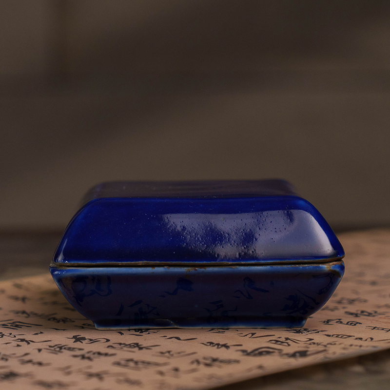 清代霁蓝釉方形印泥盒老物件文玩古董瓷器收藏文房雅器摆件印泥盒