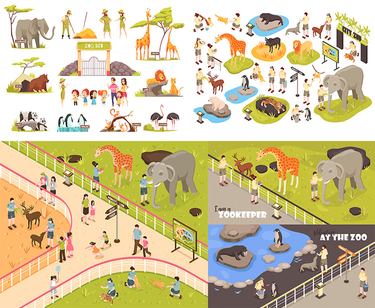 动物园场景 卡通野生动物园人物观光插画 AI格式矢量设计素材