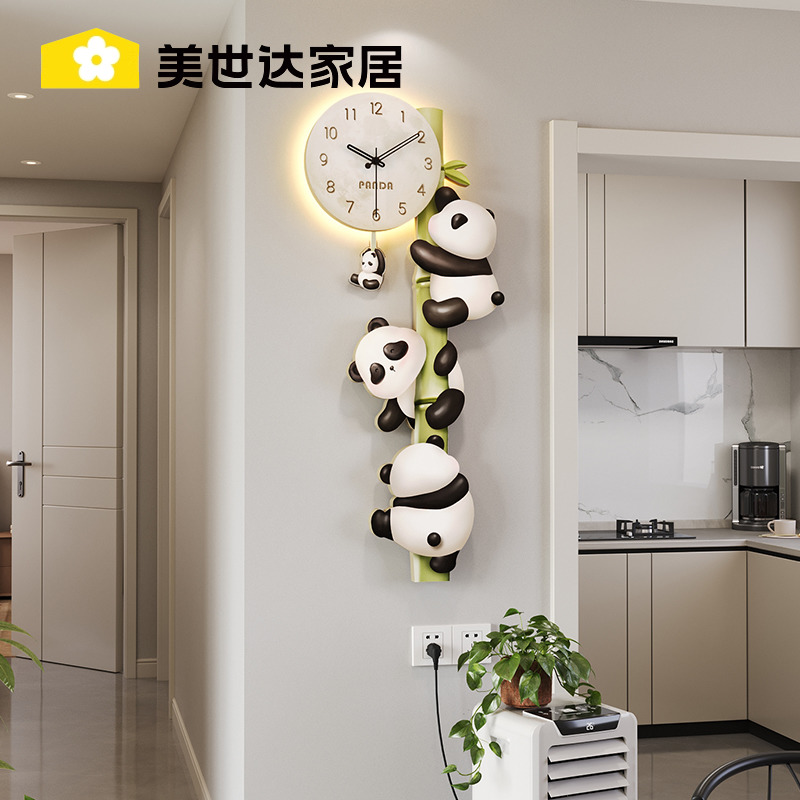 熊猫挂钟装饰画沙发新款客厅创意时钟高级感餐厅背景墙钟表挂画
