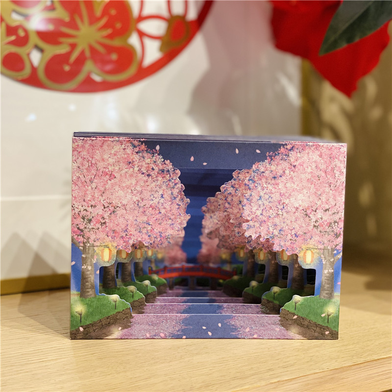 日本夜晚的樱花河畔立体贺卡唯美桌面摆件毕业季生日万用祝福卡片