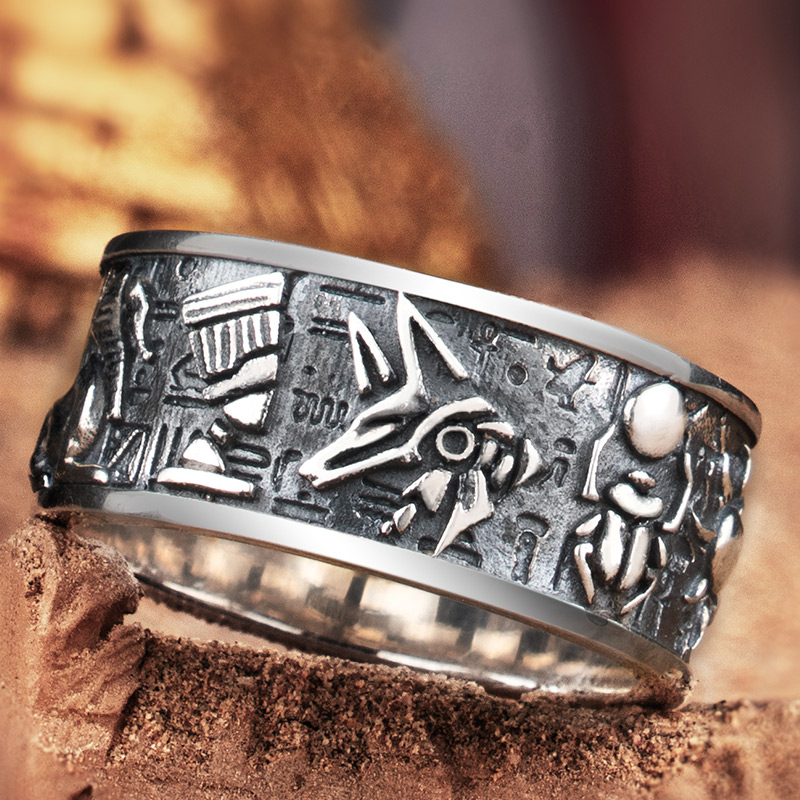 925银浮雕埃及众神荷鲁斯阿努比斯复古银戒指潮男戒单身尾戒食指