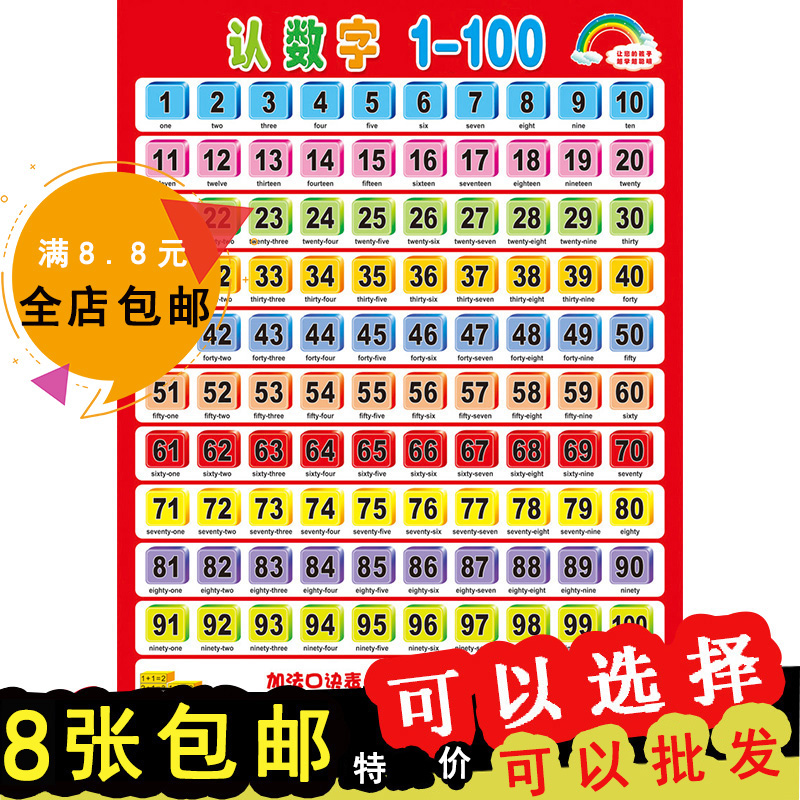 1-100数字挂图无声儿童汉语拼音字母表墙贴宝宝识字早教贴图0-3岁