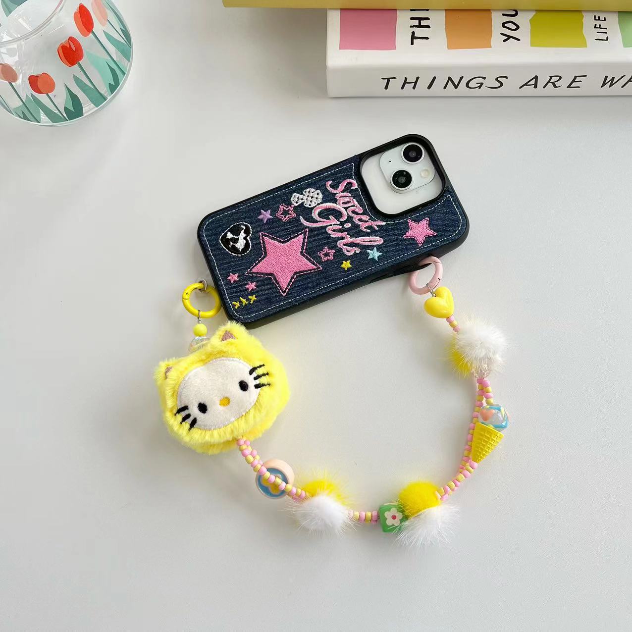 日韩黄色毛绒少女卡通猫咪手机链手机绳数字手机壳创意挂件A90