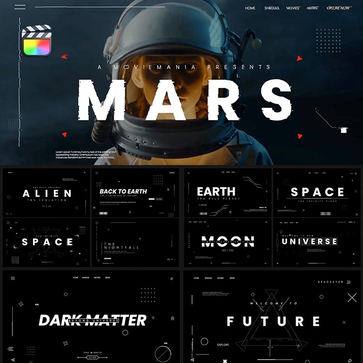 FCPX插件Astro Space Title现代科技感叠加字幕标题动画预设20个