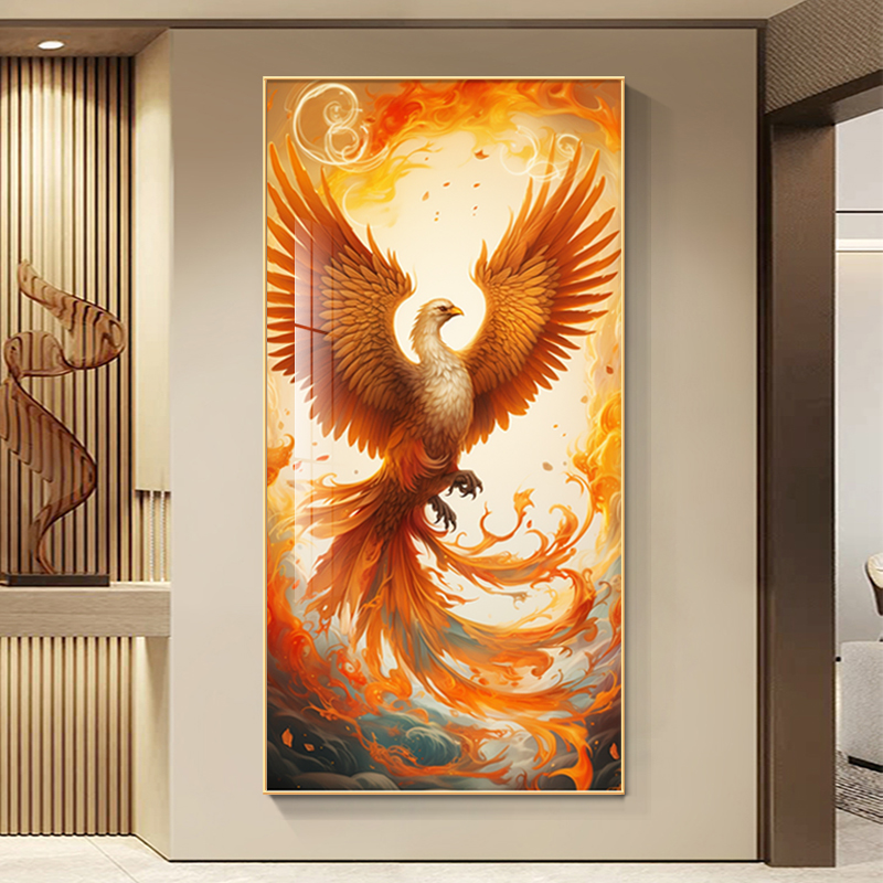 涅槃凤凰玄关装饰画浴火重生走廊过道逐日竖版正对门客厅神鸟壁画