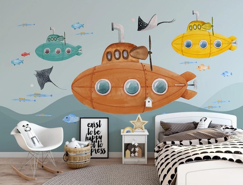 手绘卡通壁纸  潜艇海底世界儿童房背景墙纸 蓝色大海幼儿园壁画