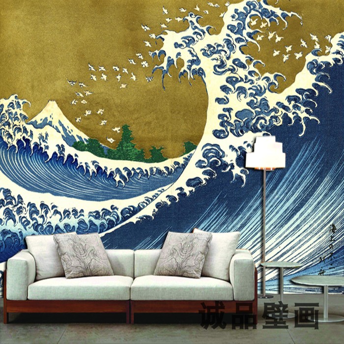 日式大海浪花壁纸日本浮世绘神奈川冲浪里蓝色大海墙纸日系背景墙