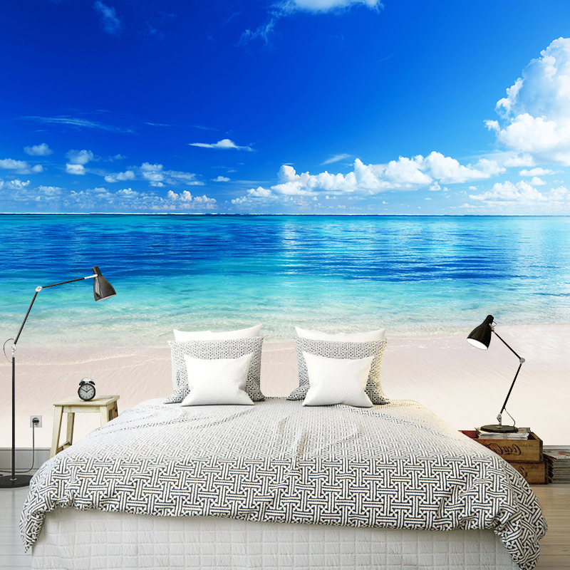 无缝自然海滩壁画客厅卧室电视背景墙纸蓝色大海地中海风景壁纸