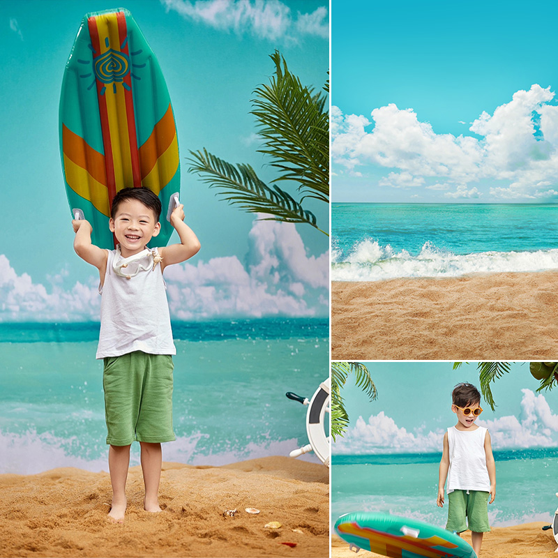 儿童照相写真大海沙滩背景布影棚室内蓝色白云天空氛围感道具喷绘背景布直播间杂志摄影可爱夏日MH-0890