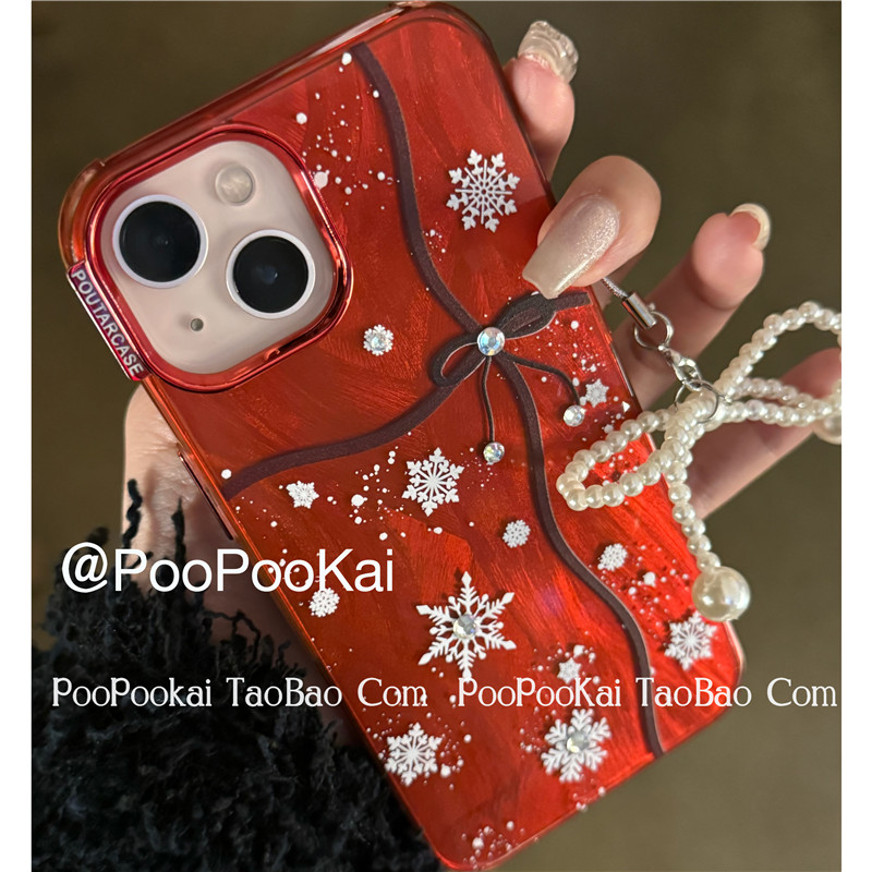 PooPooKai雪花蝴蝶结丝巾礼物包装外观适用苹果15iphone14手机壳13promax过年红色保护套12防摔11韩风