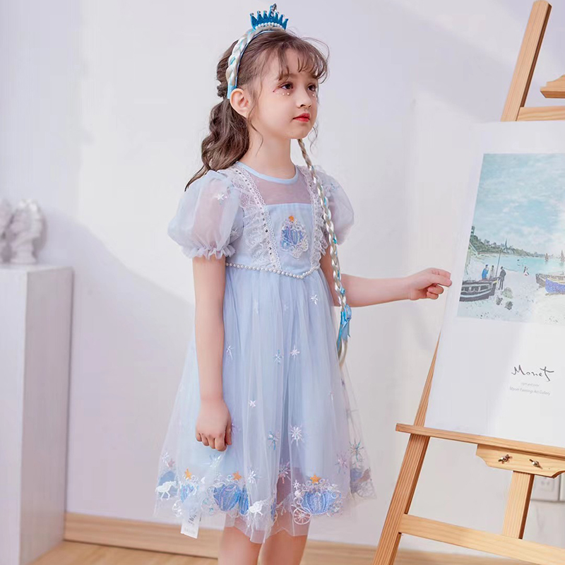 很仙的儿童连衣裙2024流行款小洋裙蓝色裙子女童蕾丝夏款长发公主