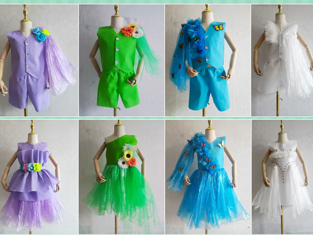 幼儿男童女童环保走秀演出服装手工亲子装创意环保时装秀塑料袋服