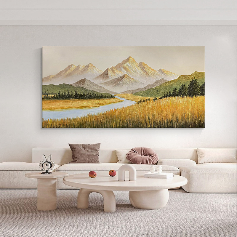 背有靠山客厅沙发背景墙装饰画高山流水风景手绘油画金山肌理挂画