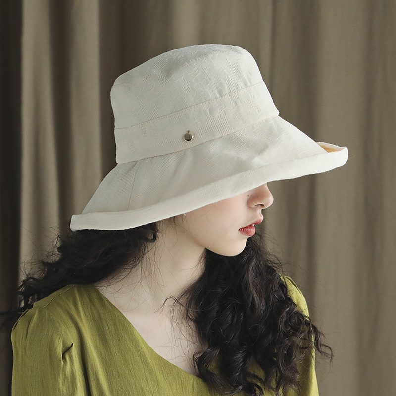 大檐遮阳帽子女夏天柔软可折叠渔夫帽蕾丝花纹布帽休闲度假太阳帽