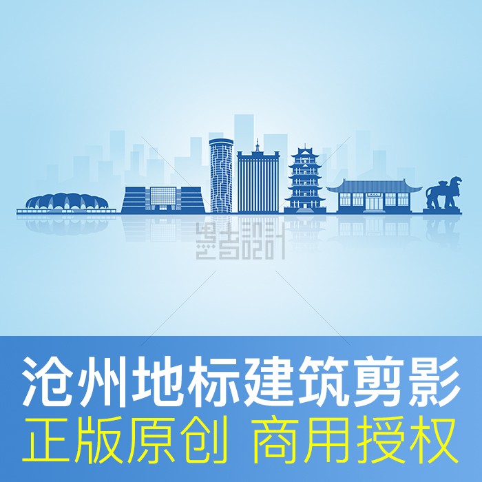 河北省沧州市地标建筑线描剪影城市形象墙天际线展板画册背景素材