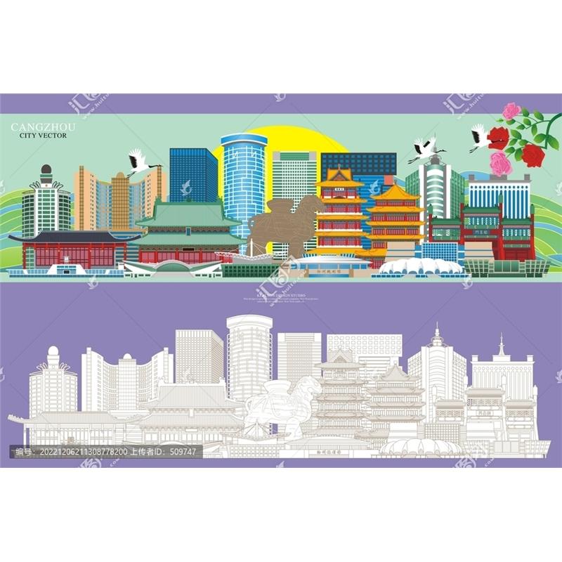 D270河北沧州市AI矢量地标旅游建筑海报设计线稿城市剪影手绘插画