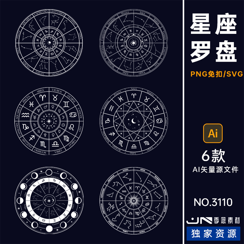 黄道十二宫生肖星座罗盘太阳历天文方位图片素材AI矢量设计模板