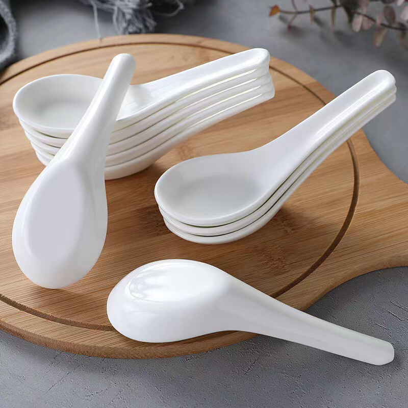 陶瓷勺子小勺汤勺长柄勺平底勺骨瓷家用纯白汤匙饭匙汤匙喝汤吃饭