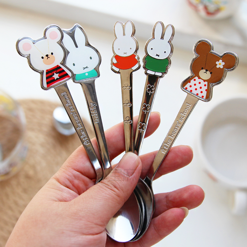 日本制米菲可爱不锈钢勺叉彩色图案卡通儿童餐具水果吃饭点心勺子