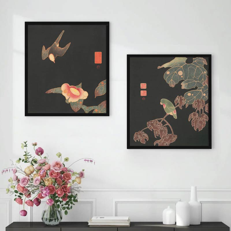 日式花鸟燕子与山茶花小鹦鹉客厅书房喷绘浮世绘油画布画芯装饰画