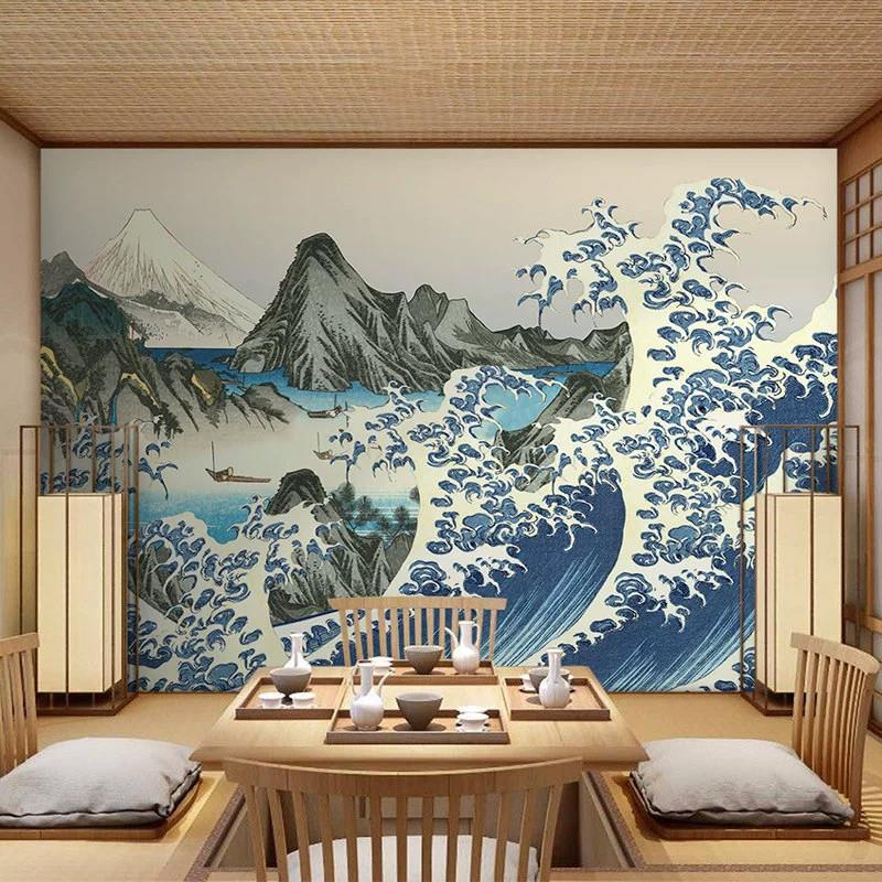 日式传统浪s花浮世绘主题餐厅墙纸日系和风寿司料理店民宿装修壁