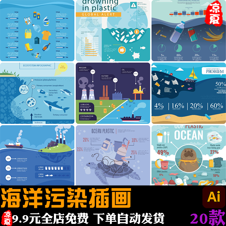 手绘海洋污染环境恶化垃圾卡通元素插画示意图ai矢量设计素材