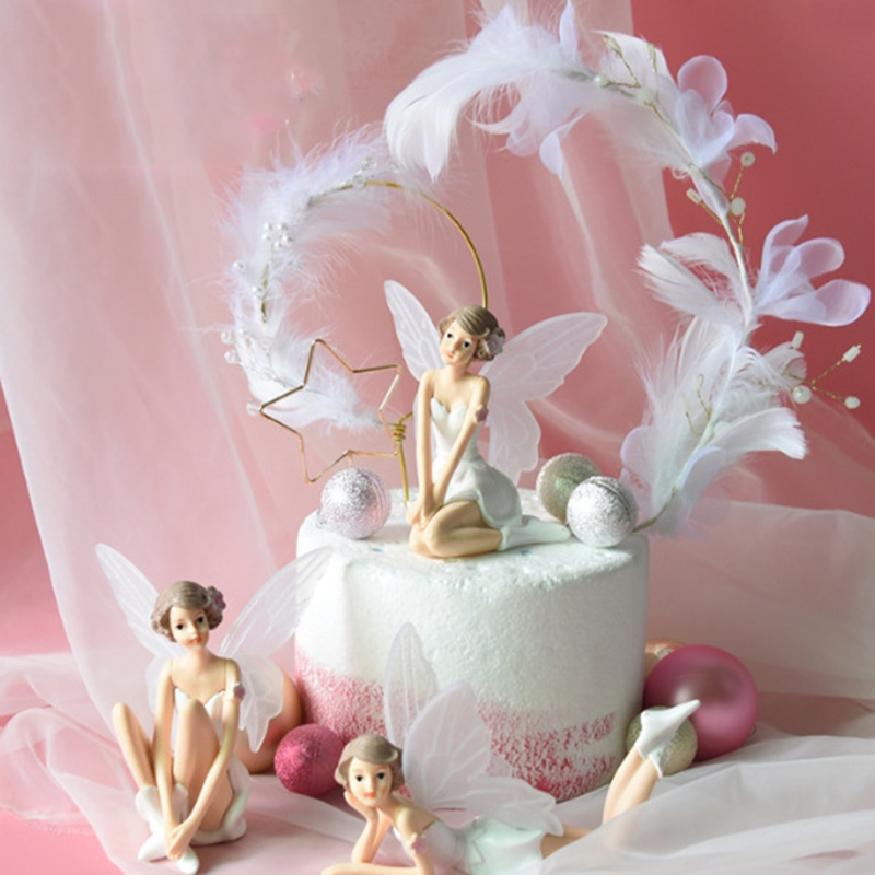 网红花仙子蛋糕装饰摆件带翅膀天使娃娃女孩派对装饰水晶羽毛插件