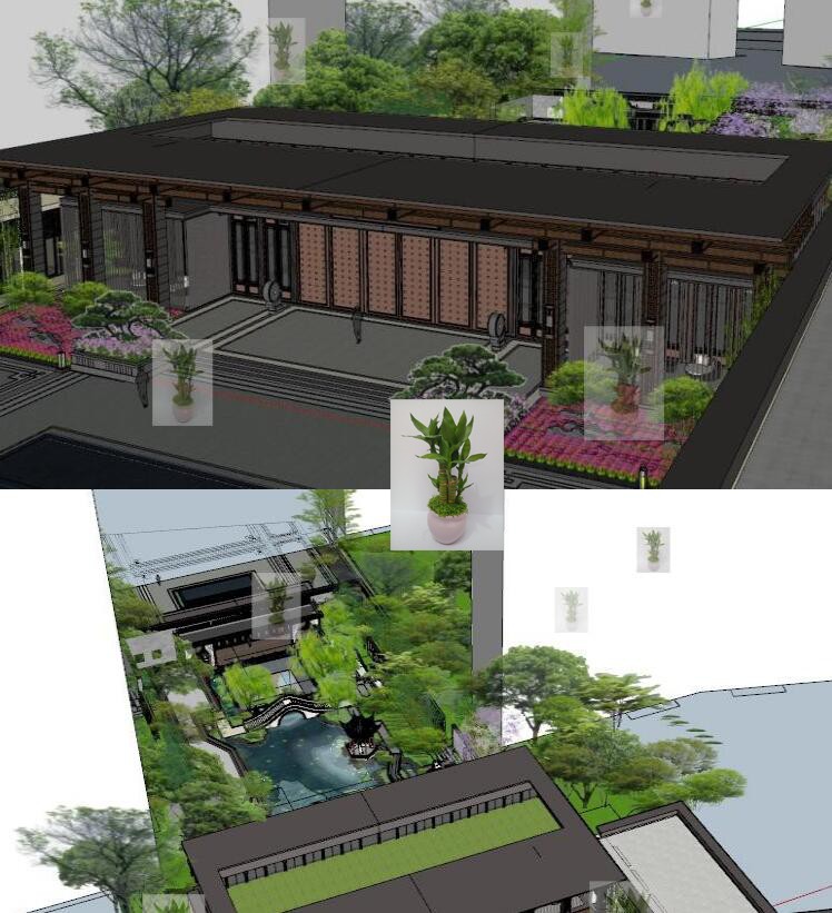 新中式楼盘小区绿地庭院水景凉亭石拱桥门楼景观sketchup SU模型