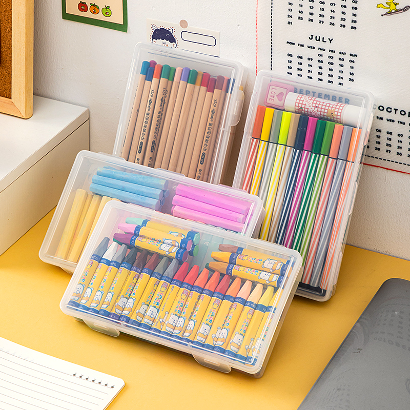 透明翻盖笔盒桌面塑料收纳小学生铅笔蜡笔盒画画文具盒大容量初中