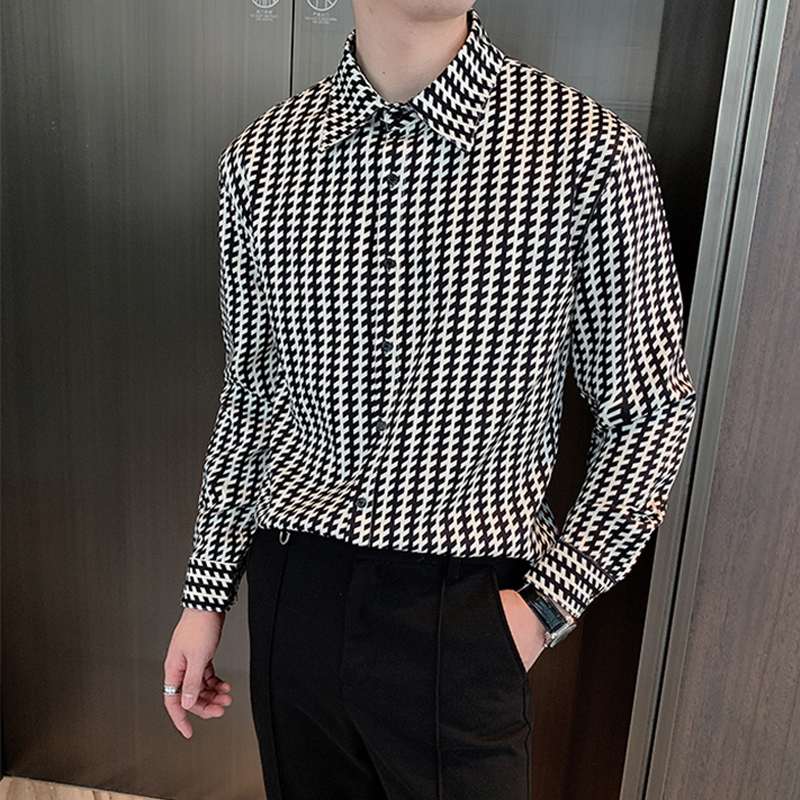 韩国条纹格子长袖衬衫男韩版修身潮流帅气商务休闲发型师男装衬衣