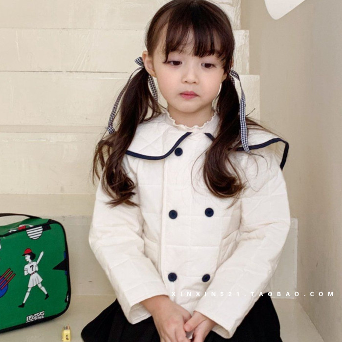 馨贵族韩国童装代购2023秋儿童外套女童双排扣荷叶领开衫风衣外搭