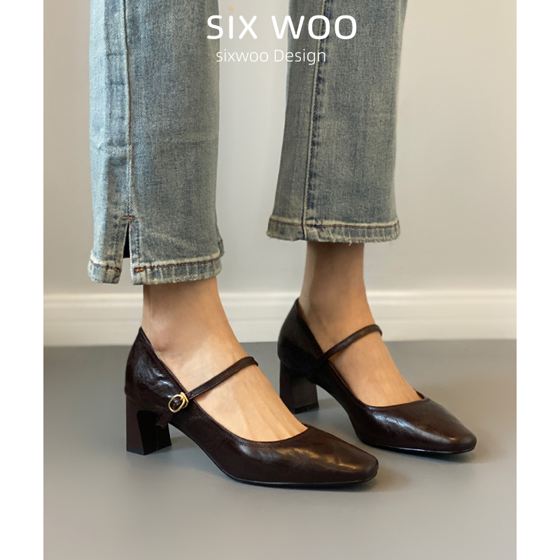 SIXWOO   简约法式高跟鞋粗跟一字带玛丽珍鞋女棕色显瘦通勤单鞋