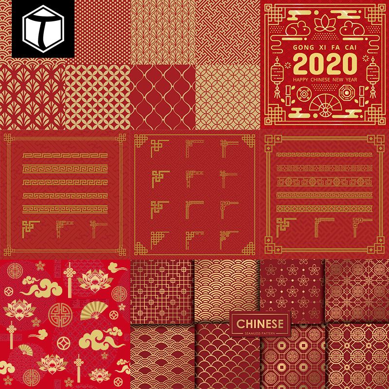 中国风新年图案花纹底纹边框祥云元素2022虎年海报AI矢量设计素材