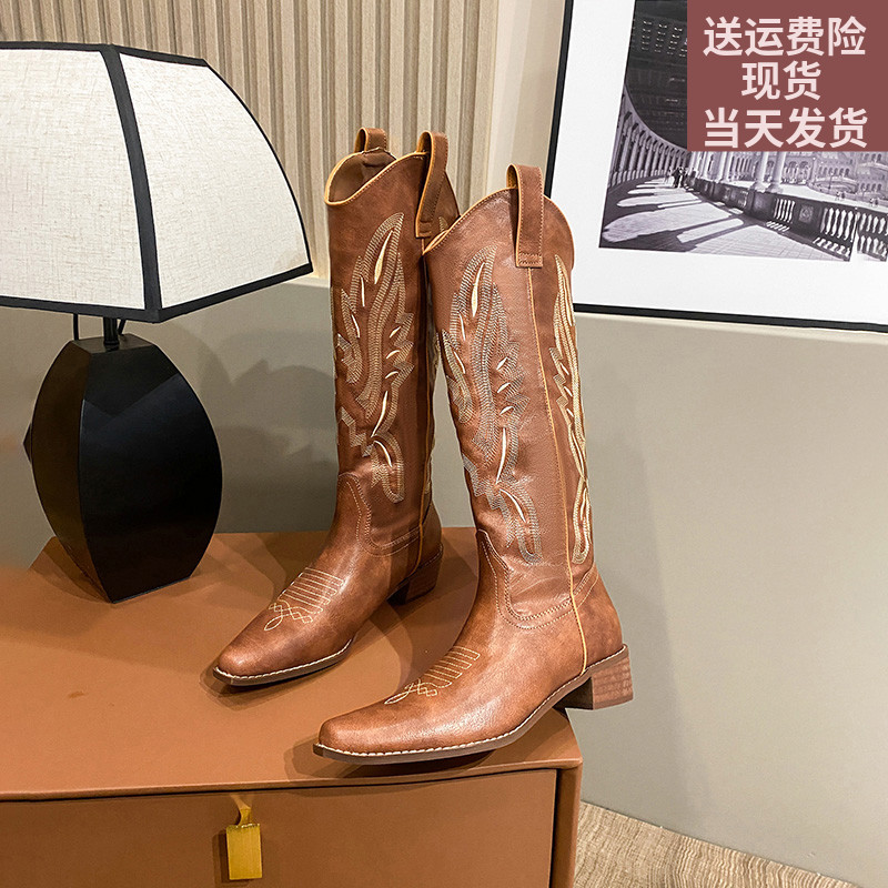 牛皮版~肯豆西部刺绣长筒靴2023年新款复古v口高跟牛仔靴骑士靴潮