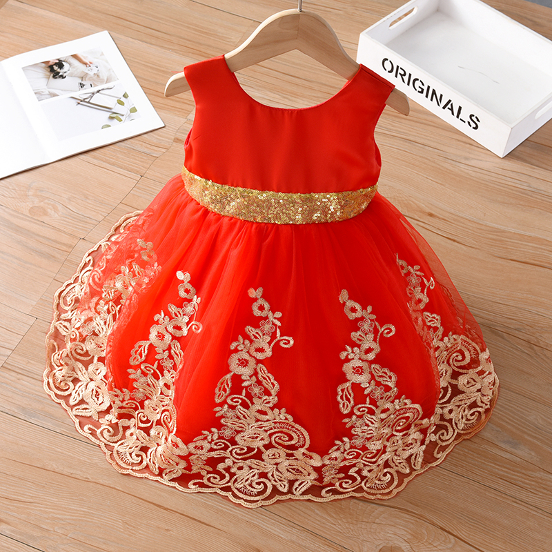 女童无袖公主裙夏装2022新款红色刺绣演出礼服连衣裙儿童蓬蓬裙子