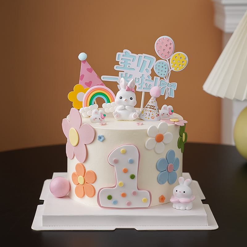 可爱兔宝宝一周岁蛋糕装饰呆萌小兔子摆件宝贝一岁啦儿童卡通插牌