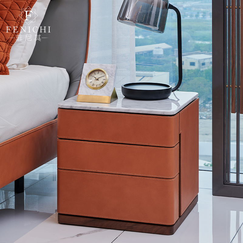 意式极简橙色皮艺床头柜方形大理石面床边小柜子卧室收纳储物边柜