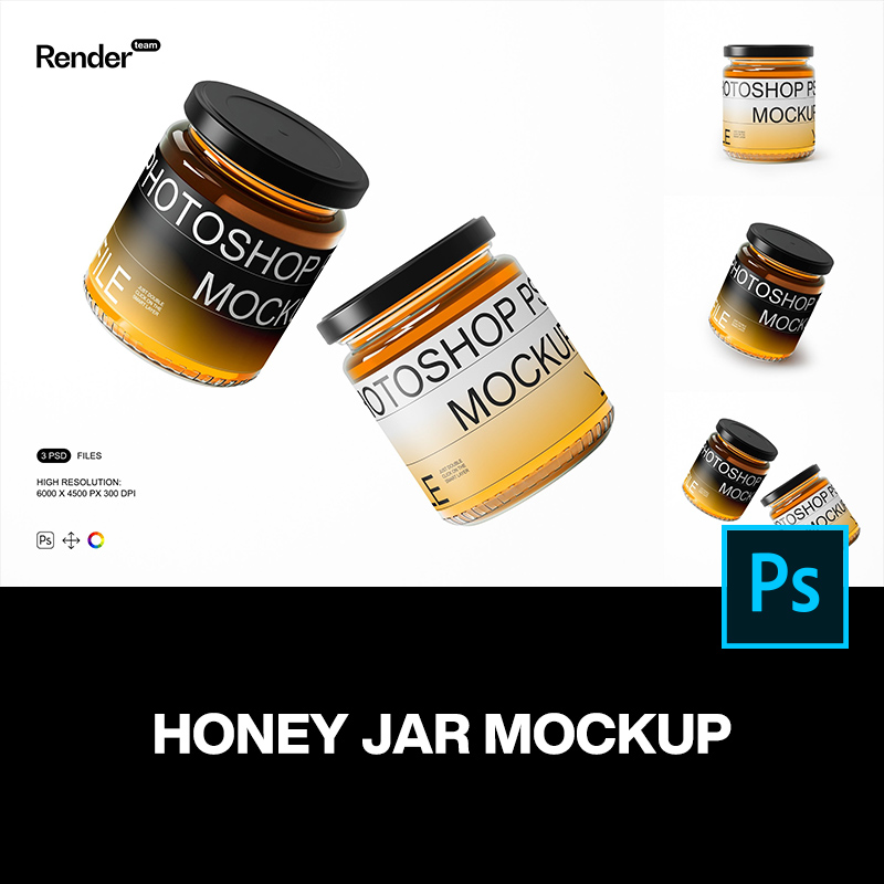 圆形透明蜂蜜密封罐玻璃罐子产品包装设计ps样机素材展示效果图