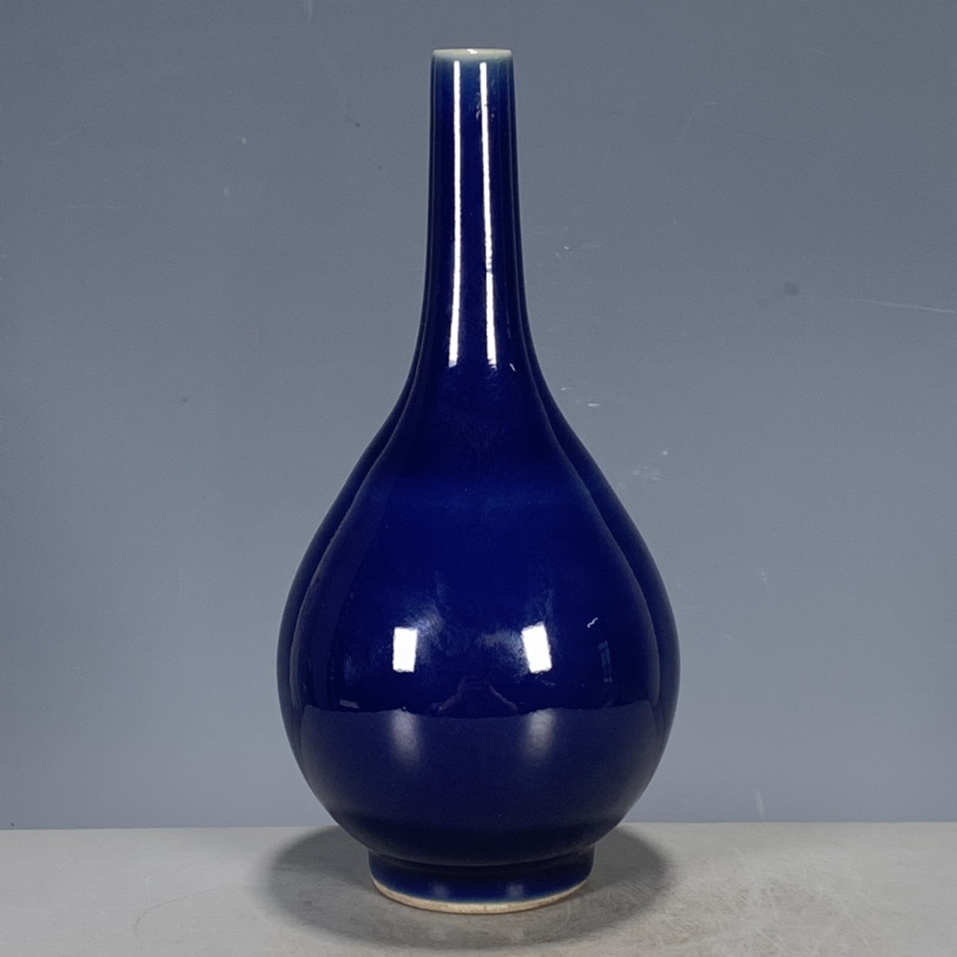 古玩瓷器收藏明代天启霁蓝釉细径花瓶单色釉回流赏瓶