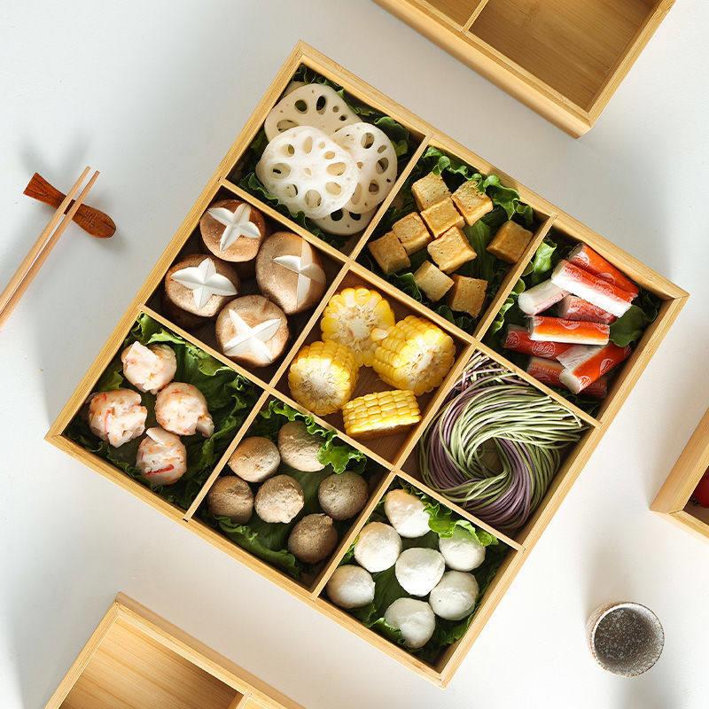 干果盒日式火锅配菜盘烤肉店餐具食材木质水果拼盘套装九宫格托盘