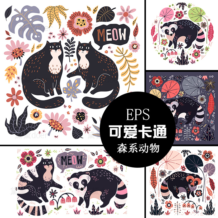 创意可爱卡通森林动物考拉猫咪EPS矢量图片围巾方巾布面设计素材