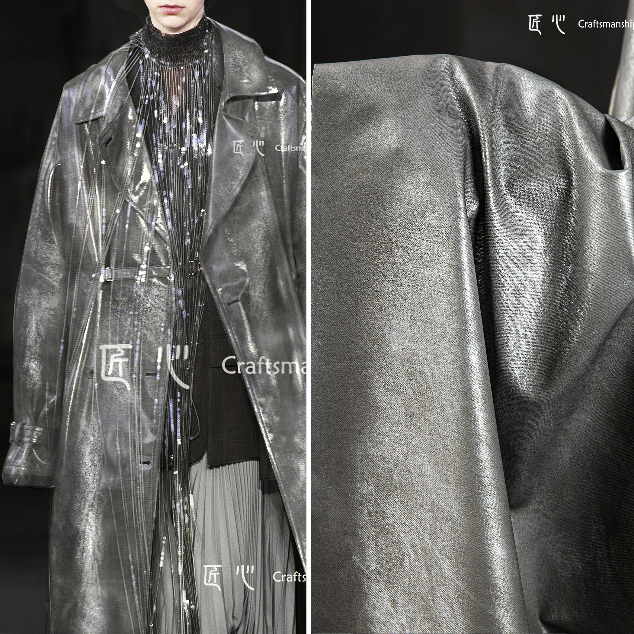 中灰色胶质牛仔斑驳微光皮革做旧再造挺括包包外套服装设计师面料
