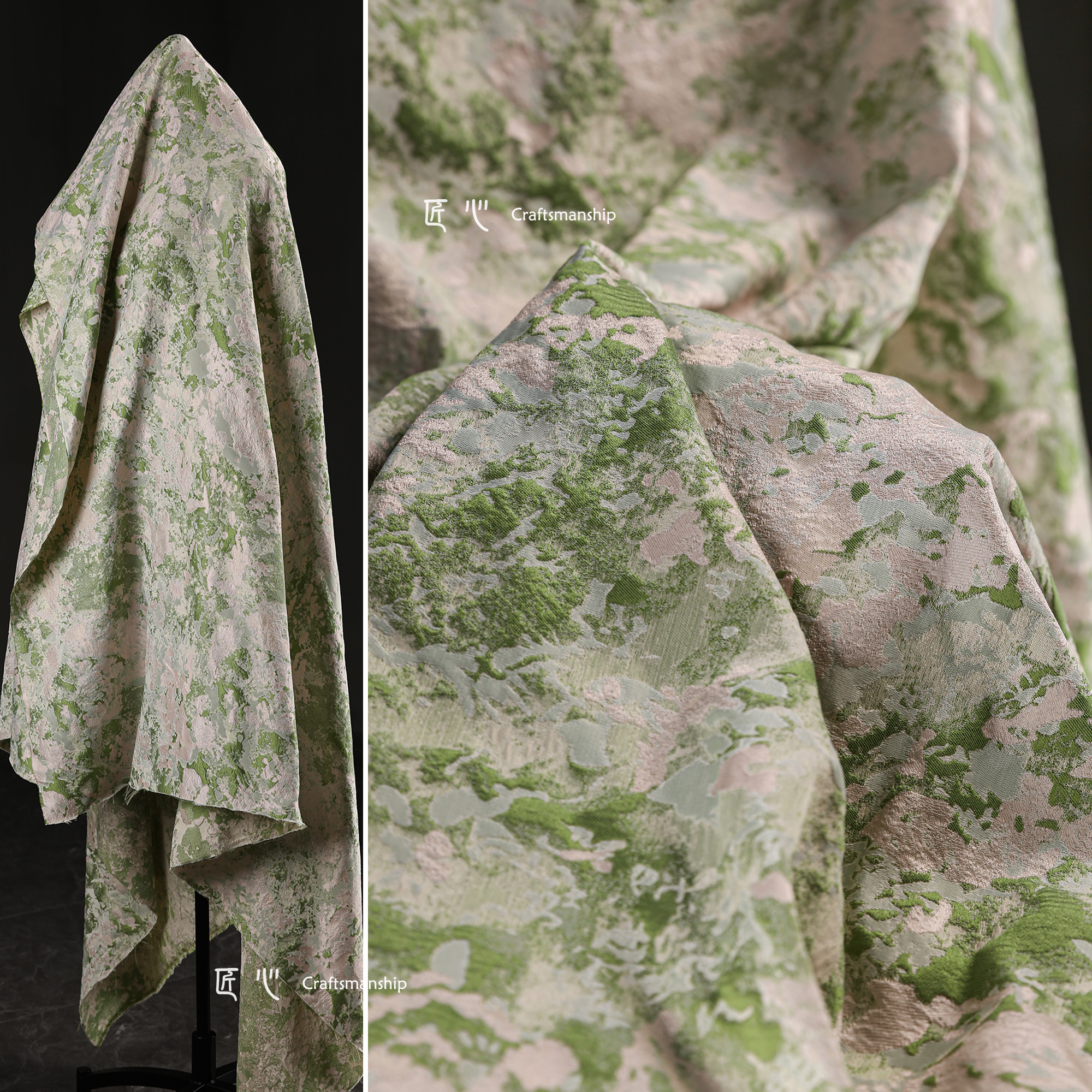 粉绿斑驳肌理提花布 苔藓渐变肌理再造复古文艺国风服装设计面料