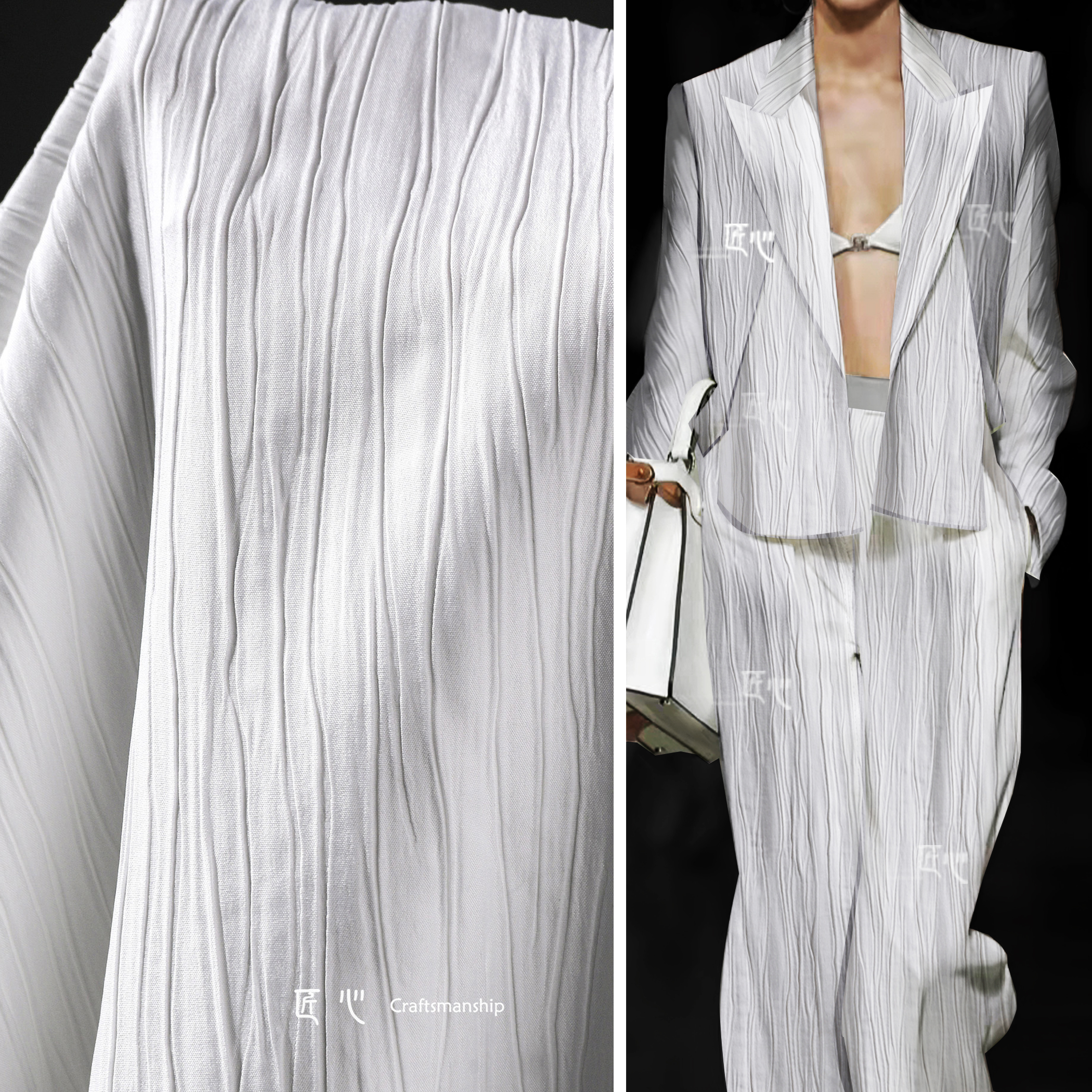 白色不规则线条压褶肌理布 立体再造褶皱西装衬衫裙服装设计面料